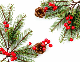 A festive Christmas frame with pine branches, pine cones, and red berries on a white background