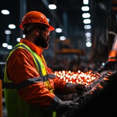 Worker in safety gear monitors machinery in a manufacturing environment.