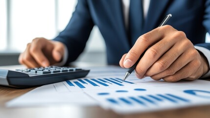 Canvas Print - A man in a suit and tie writing on paper with calculator, AI