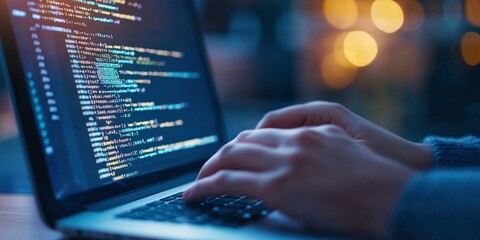 A person typing on a laptop and a coding showing on screen with blur bokeh background, a technology concept for software development or web design