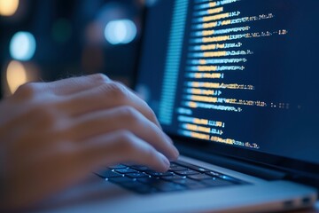 A person typing on a laptop and a coding showing on screen with blur bokeh background, a technology concept for software development or web design