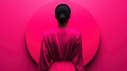 A woman in a lush pink dress stands facing a bold, vibrant circle backdrop, creating a harmonious blend of color and geometry in the artistic scene.