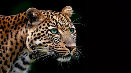 Close-up portrait of a leopard with piercing green eyes and a black background.