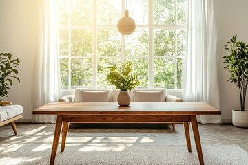 A photo of a mid-century modern interior in a country house living room with large windows. Generative AI
