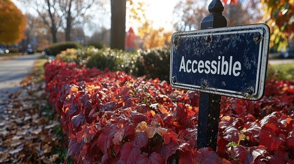 A sunlit pathway bordered with vibrant red foliage and an Accessible sign indicating an accessible and inclusive environment in autumn