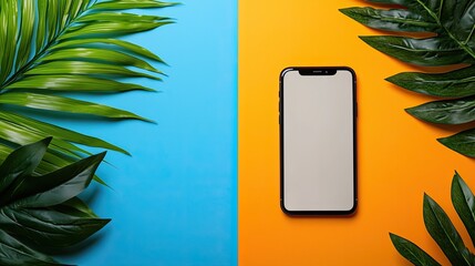 Smartphone on colorful background with tropical leaves, modern lifestyle concept