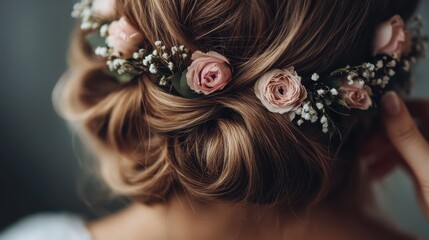 Beautifully crafted bridal hairstyle intricately adorned with pink roses and delicate greens, presenting a stunning combination of elegance, romance, and timeless beauty.