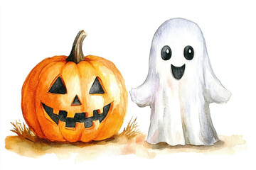 Funny ghost and pumpkin jack o lantern in witch hat on white background. Magic scary spirit. Watercolor Simple spooky monster. Festive holiday concept