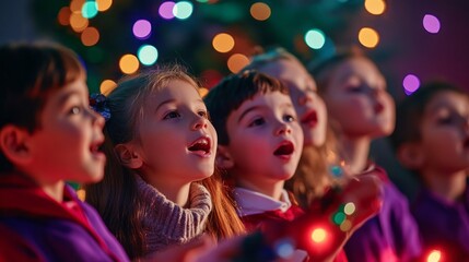 Wall Mural - A group of children are singing Christmas carols together