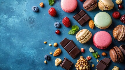 Canvas Print - A creative flat lay of macarons, chocolates, berries, and nuts on a rich blue backdrop, providing ample copy space