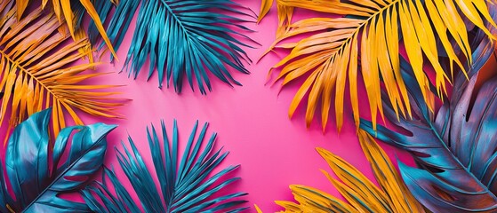 Wall Mural - Colorful tropical leaves on a pink background.