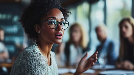 Sticker - Businesswoman Leading Discussion on Market Trends