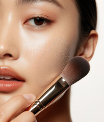 Young beautiful Asian woman applying skin foundation with brush	