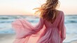© svastix - A blonde woman stands gracefully in a pink dress, feeling the gentle seaside breeze with waves in the background and the sun setting, evoking a sense of freedom and peace.