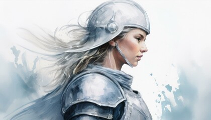 Wall Mural - A minimalist watercolor knight in profile, with soft strokes and faint color washes, against 