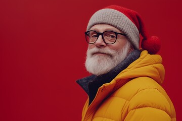 Poster - A senior man with a white beard, wearing glasses and a gray and red beanie, stands in front of a red background, looking slightly to his right.