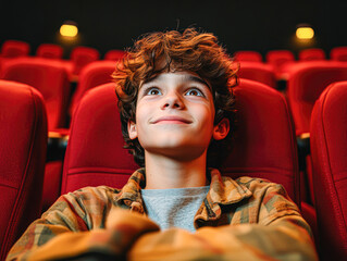 Excited Teenage Boy Enjoying Movie Premiere in Theater Seat Cinematic Joy and Positivity Concept