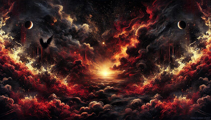 Sticker - A dramatic scene of swirling red and black clouds surrounds the brightly glowing center, creating an intense and fiery atmosphere. Dark planets and a black bird flying between stormy clouds. AI genera