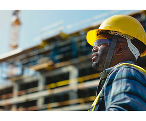 Construction worker with safety gear on worksite