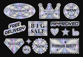 Holographic stickers set. Hologram labels of different shapes. Holographic textured tag for bid sale, premium quality, free delivery, approved, new, wow. Geometric, crown, star like, heart and diamond