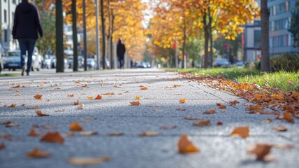 A close-up view of a smooth road in an urban park during autumn, with colorful trees and soft sunlight in the background.