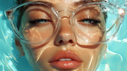 A close-up of a woman's face adorned with transparent eyewear, playfully reflecting the water's dynamic brilliance while evoking a sense of liveliness and joy.