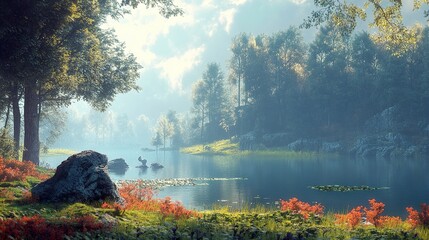 Wall Mural - Serene Lake in a Lush Forest - Tranquil Nature Photography