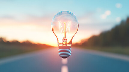 Canvas Print - Glowing Light Bulb Floating Above Open Road Symbolizing Innovation and Ideas for Achievement