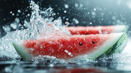 Sticker - Two juicy watermelon slices surrounded by splashing water droplets, capturing freshness and vibrancy, showcasing summer's refreshing fruit in a lively setting.