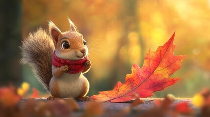 A cute cartoon squirrel wearing a red scarf stands on a fallen leaf in an autumn forest.