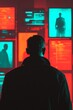 © good everyday - A figure stands before glowing screens displaying data in a dark, atmospheric setting.
