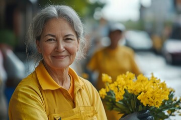 Senior woman volunteer with team cleaning up street, community service concept, Generative AI