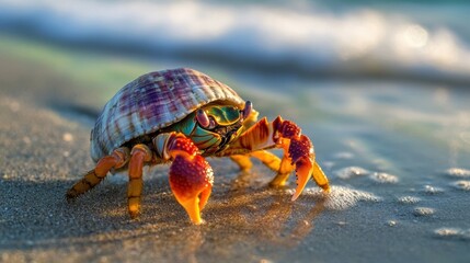 Wall Mural - Colorful Crab on Beach Shoreline with Gentle Waves