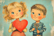 © Mariant - Cute little boy and girl holding big red heart on blue background.