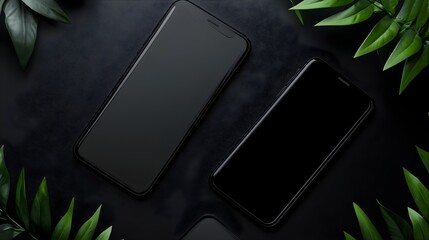 two smartphones placed on a dark surface. The phones are positioned diagonally, with one slightly overlapping the other. Both phones have black screens, and their cases are also dark in color