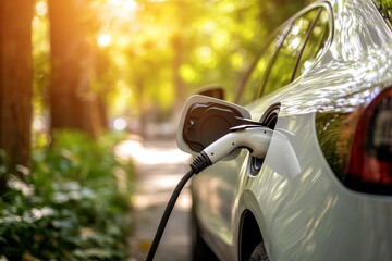 Close-up of electric car charging, ecology transportation conept, Generative AI