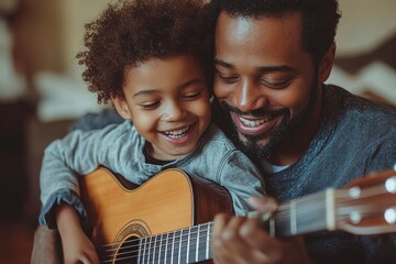 father and son playing guitar together. children learning play on musical instrument from parent, ge