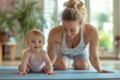 © Just Bella - Home pilates exercise for mother and baby, mommy and me workout. Physical activity for mother while bonding with children, Generative AI
