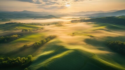 The sun rises gently, illuminating the mist-covered hills as soft light cascades over the lush greenery, creating a tranquil and picturesque view