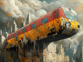 Poster - Post-Apocalyptic Cityscape with a Ruined Train