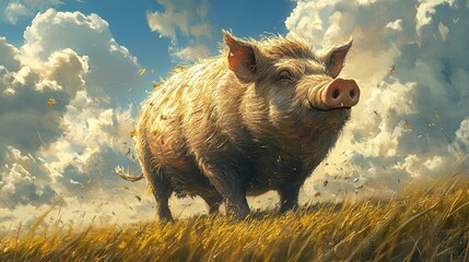 Sticker - Smiling Pig in a Golden Field: A Whimsical Countryside Scene