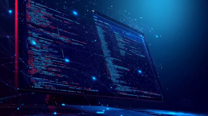 Digital programming code on the computer monitor screen. Abstract software or web development concept on dark blue technology background. Develop of application. Low poly wireframe vector illustration