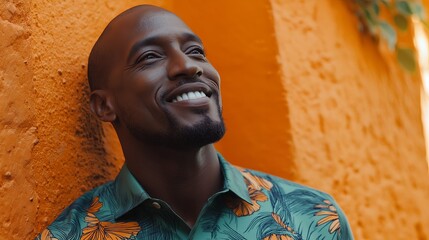 Poster - A smiling man wearing a green floral shirt, looking up against an orange textured wall.