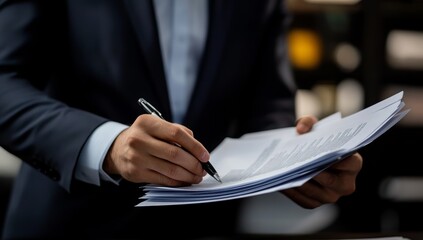 A businessman reviews financial documents at his desk with a pen