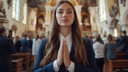 The soft natural light of a church illuminates a woman praying