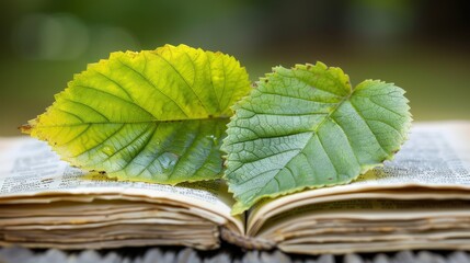 two green leaves placed on open book, symbolizing connection between knowledge and nature, bright gr