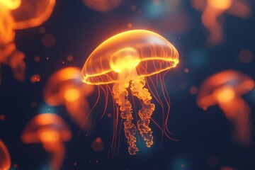 Glow-in-the-dark jellyfish swimming gracefully in dark ocean waters