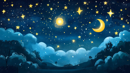 Hand drawn cartoon beautiful night starry sky scenery illustration background. Starry Night Sky. Illustration