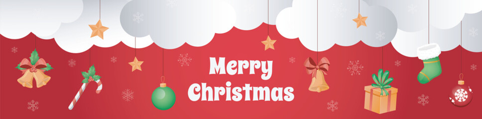 Poster - Merry Christmas banner design. Xmas party invitation template with clouds frame, hanging bells with bow, striped candy with holly, balls, gift box, stocking, stars and snowflakes. Vector illustration.