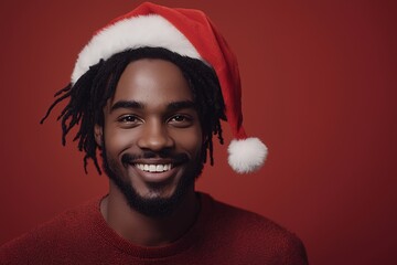 Poster - Portrait of a smiling young man with dreadlocks wearing a Santa hat against a red background.